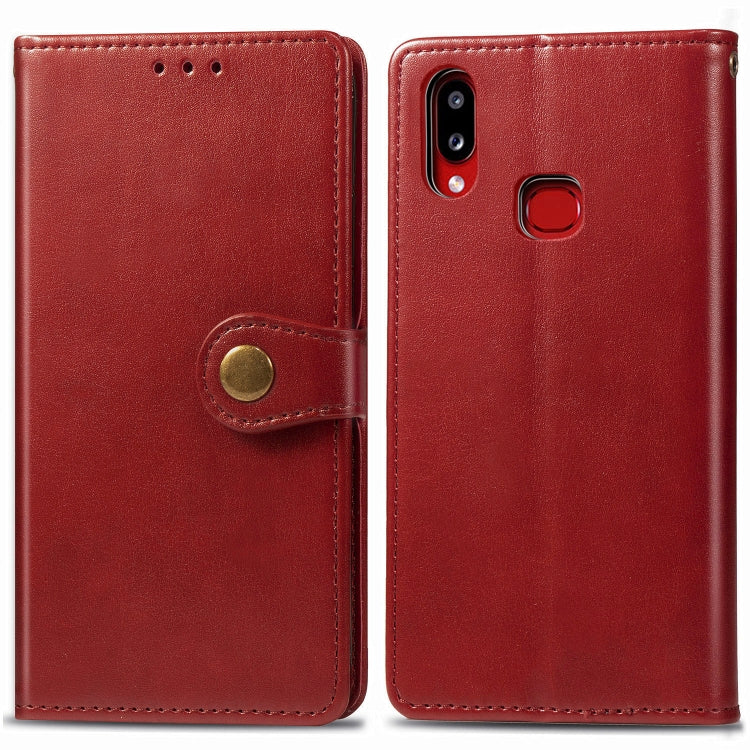 For Galaxy A10S Retro Solid Color Leather Buckle Phone Case with Lanyard & Photo Frame & Card Slot & Wallet & Stand Function