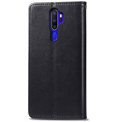 For OPPO A5 2020 / A9 2020 Retro Solid Color Leather Buckle Phone Case with Lanyard & Photo Frame & Card Slot & Wallet & Stand Function