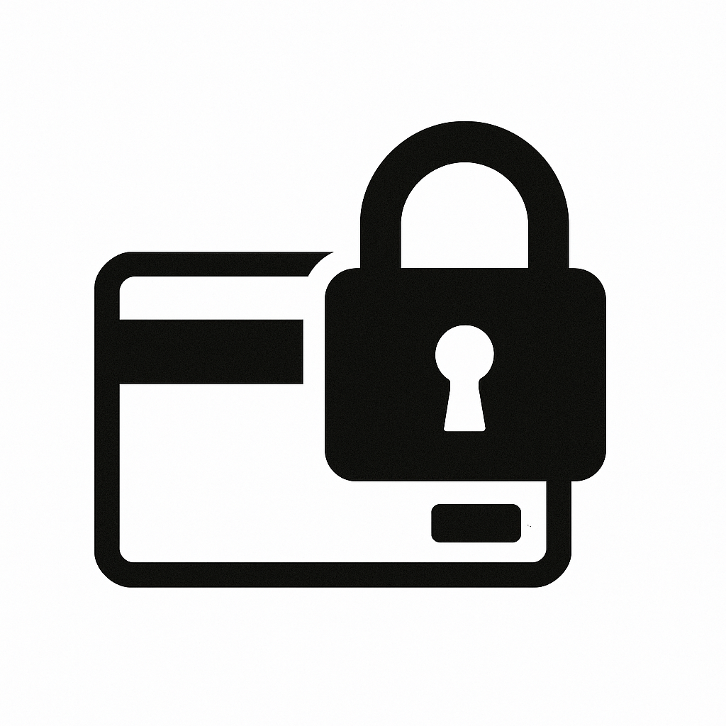 Black icon of a credit card with a padlock on a white background