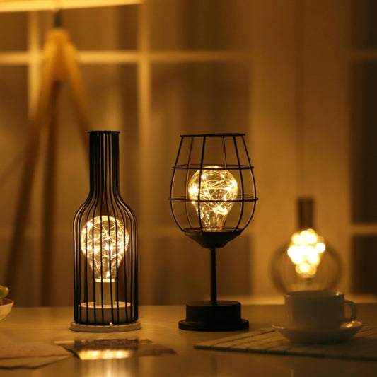 Retro Classic Iron Art LED Table Lamp Reading Lamp Night Light Bedroom Lamp Desk Lighting Home Decoration, Red Ｗine Glass + Red Ｗine Bottle