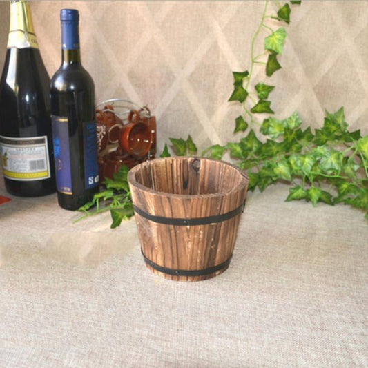 Balcony Vegetable Succulent Carbonized Wood Flower Pot Retro Small Wooden Bucket Home Decoration, M Flat Mouth