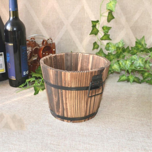 Balcony Vegetable Succulent Carbonized Wood Flower Pot Retro Small Wooden Bucket Home Decoration, L Flat Mouth