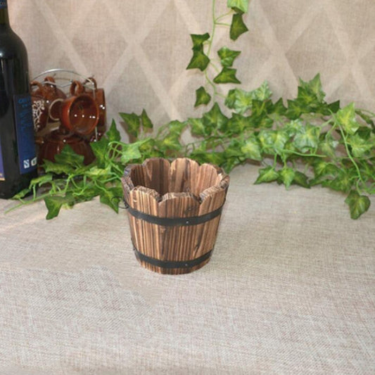 Balcony Vegetable Succulent Carbonized Wood Flower Pot Retro Small Wooden Bucket Home Decoration, S Wave Mouth