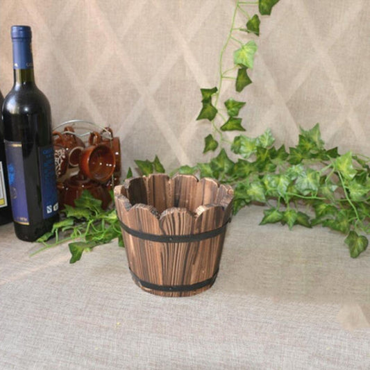Balcony Vegetable Succulent Carbonized Wood Flower Pot Retro Small Wooden Bucket Home Decoration, M Wave Mouth