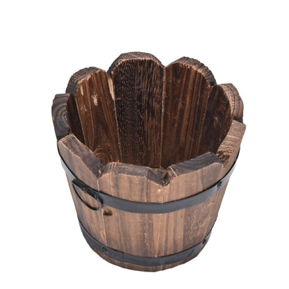 Balcony Vegetable Succulent Carbonized Wood Flower Pot Retro Small Wooden Bucket Home Decoration, M Wave Mouth