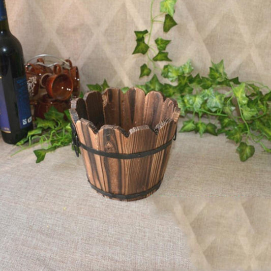 Balcony Vegetable Succulent Carbonized Wood Flower Pot Retro Small Wooden Bucket Home Decoration, L Wave Mouth