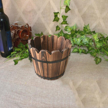 Balcony Vegetable Succulent Carbonized Wood Flower Pot Retro Small Wooden Bucket Home Decoration, L Wave Mouth