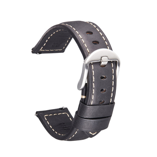 Smart Quick Release Watch Strap Crazy Horse Leather Retro Strap Compatible with Samsung Huawei,Size:, 24mm (Black Silver Buckle)