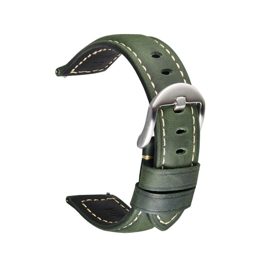 Smart Quick Release Watch Strap Crazy Horse Leather Retro Strap Compatible with Samsung Huawei,Size:, 24mm (Army Green Silver Buckle)