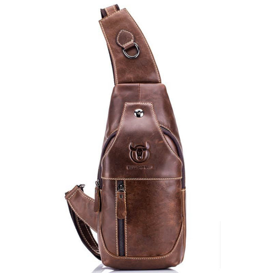 BULL CAPTAIN 019 Retro Men Leather Crossbody Shoulder Bag First-Layer Cowhide Chest Bag, Colour: Black + Buckle, Chestnut Brown