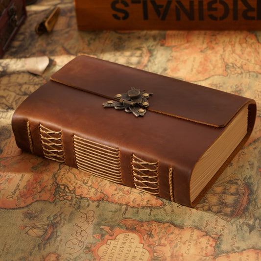 Handmade Sketchbook Cowhide Notebook Retro Notepad Notebook Diary Gift, Crazy Horse - Yellow Brown, Carved - Yellow Brown