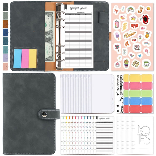 H666 A6 Loose-leaf Binder Cash Budget Handbook Vintage PU Leather Notebook with Window, H666 Dark Gray