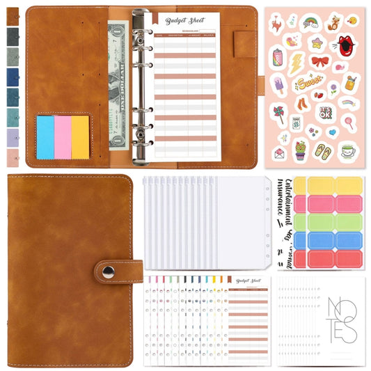 H666 A6 Loose-leaf Binder Cash Budget Handbook Vintage PU Leather Notebook with Window, H666 Amber Brown
