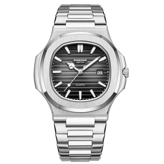 BINBOND B1885 30m Waterproof Retro Luminous Square Men Quartz Watch, White Steel-Black