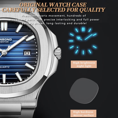 BINBOND B1885 30m Waterproof Retro Luminous Square Men Quartz Watch, Black Steel-Blue-White