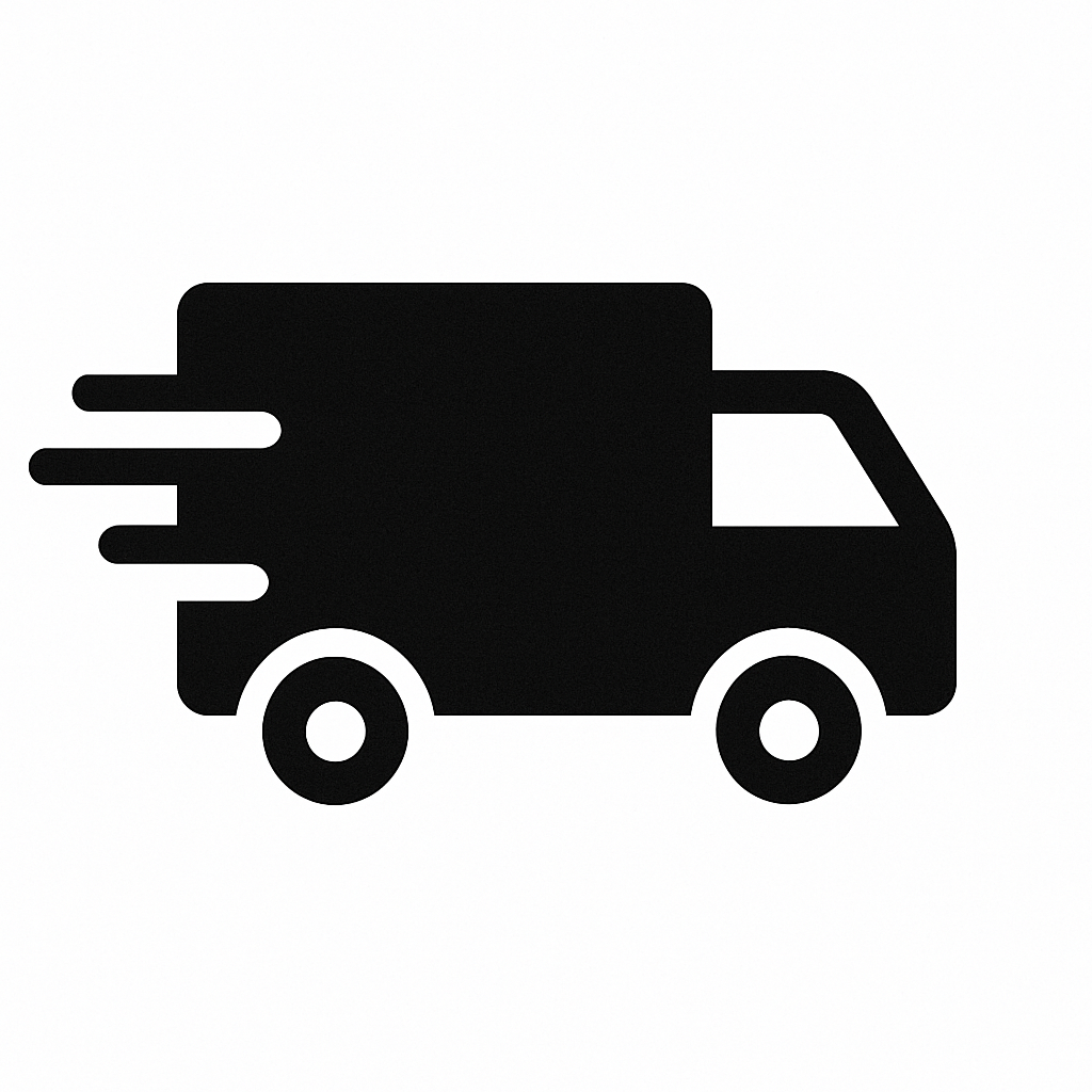 Black silhouette of a delivery truck with speed lines on a white background